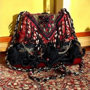 Mary Frances Red Black Beaded Embellished Hardshell Purse Artsy Southwestern